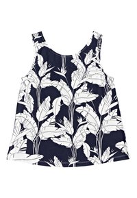 Granatowy top bez rękawów z białymi, tropikalnymi wzorami roślin, wykonany z miękkiego materiału, z szerokimi ramiączkami i luźnym krojem, idealny na ciepłe dni.