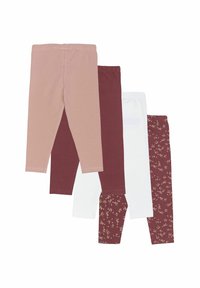 Set aus vier Leggings: hellrosa, kastanienbraun, weiß und kastanienbraun mit Blumenmuster. Hergestellt aus weichem Baumwollstoff mit elastischen Taillenbändern.