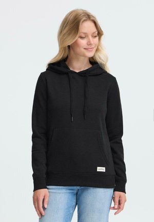 Must värvitud kapuutsiga sweatshirt eesmise tasku, reguleeritavate nööride ja kudumise sildiga hemmi. Pehme, tekstureeritud puuvillane segu.