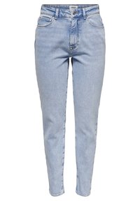 Jean slim taille haute bleu clair avec fermeture à boutons devant, passants pour ceinture et design à cinq poches.