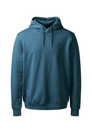 Teal pamučna hoodie s prednjim kengur džepom, kapuljačom na vezanje, rebrastim rukavima i rubom. Ima mali crni logo na prsima.