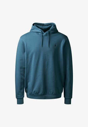 Mėlynas medvilnės džemperis su priekiniais kangaroo tipo kišenėmis, su raišteliu reguliuojamu gobtuvu, raukšlėtomis rankovėmis ir apačia. Yra mažas juodas logotipas ant krūtinės.