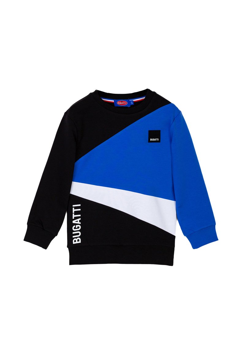 Felpa nera e blu con un design a blocchi di colore diagonale e accenti bianchi. Include una patch quadrata con il logo e polsini a costine.