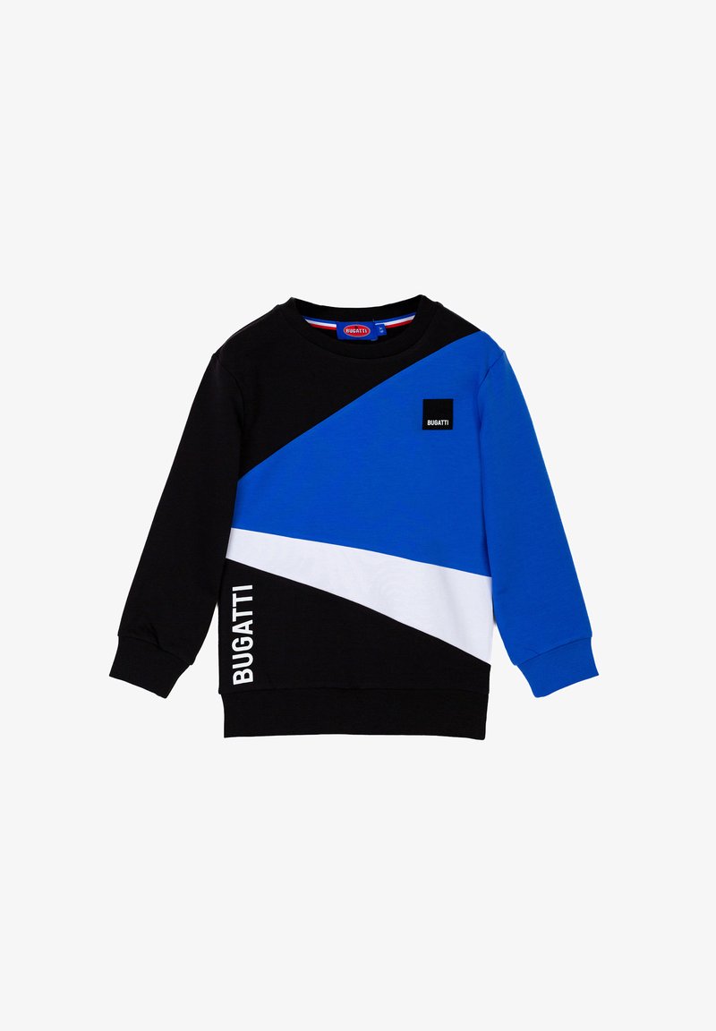 Felpa nera e blu con un design a blocchi di colore diagonale e accenti bianchi. Include una patch quadrata con il logo e polsini a costine.