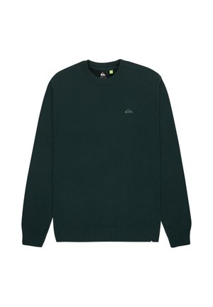 Pull en tricot vert avec col rond, manches longues, poignets et ourlet côtelés, arborant un petit logo sur la poitrine. Texture douce.