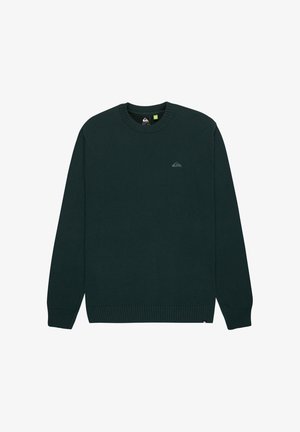 Groene gebreide trui met een ronde hals, lange mouwen, ribgebreide manchetten en zoom, met een klein logo op de borst. Zachte textuur.