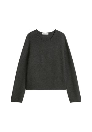 Maglione grigio scuro in tessuto a maglia, con scollatura rotonda e maniche lunghe, dal design cropped. Finitura semplice e senza cuciture.