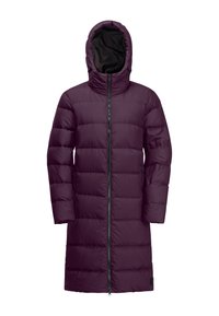 Cappotto lungo imbottito viola con colletto alto e cappuccio. Presenta una chiusura frontale con zip e due tasche laterali. Tessuto liscio con un motivo trapuntato.