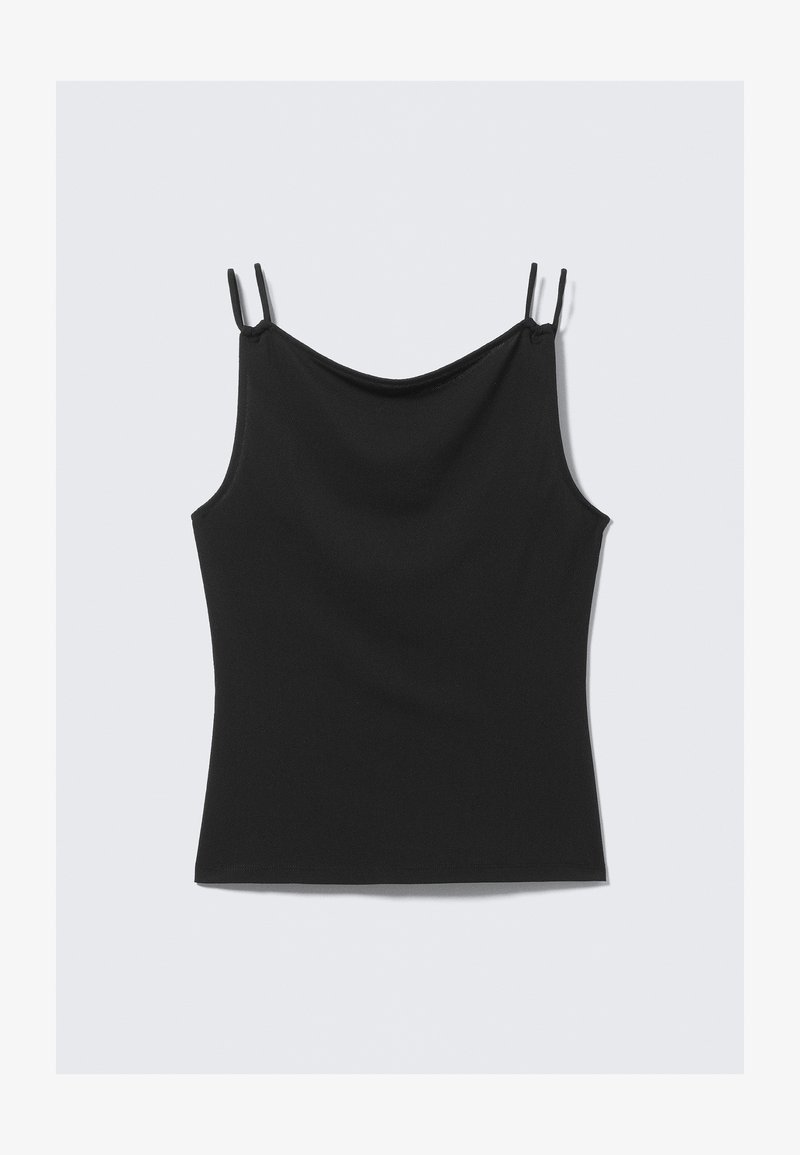 Haut noir sans manches avec un col drapé, fabriqué en tissu lisse. Bretelles réglables et coupe ajustée. Style simple et minimaliste.