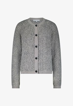 Grijze, gestructureerde wolcardigan met lange mouwen, ronde halslijn en zes zwarte knopen aan de voorkant.