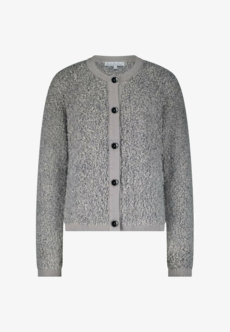 Grijze, gestructureerde wolcardigan met lange mouwen, ronde halslijn en zes zwarte knopen aan de voorkant.