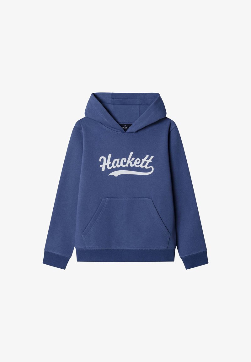 Sweat à capuche bleu avec poche frontale et logo "Hackett" blanc en cursive sur la poitrine, présenté sur un fond blanc.