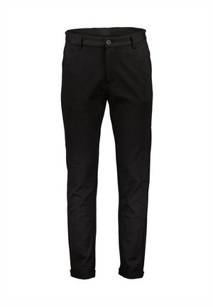 Schwarze Baumwollhosen mit geradem Schnitt, Knopfverschluss und umgekrempelten Säumen. Sanfte Textur und minimalistisches Design ohne Muster oder Akzente.