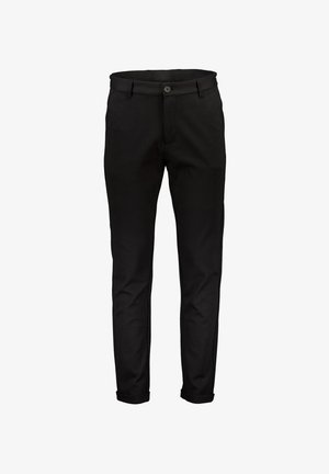 Schwarze Baumwollhosen mit geradem Schnitt, Knopfverschluss und umgekrempelten Säumen. Sanfte Textur und minimalistisches Design ohne Muster oder Akzente.