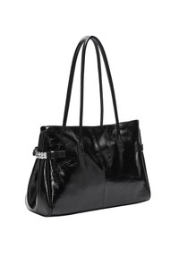 Czarna skórzana torba na ramię o błyszczącej powierzchni, z dwiema długimi rączkami oraz ozdobnym paskiem z perłowymi akcentami.