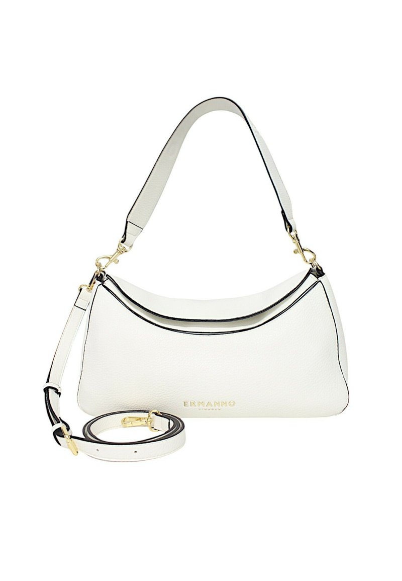 Borsa a mano in pelle bianca con design curvo, bordi neri e hardware dorato. Include una tracolla removibile per opzioni di trasporto versatili.