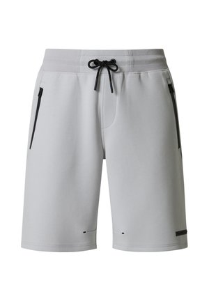 Pantaloncini sportivi grigio chiaro con coulisse nera, tasche laterali con zip e piccoli fori di ventilazione vicino all'orlo.