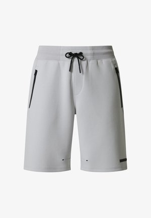 Pantalones cortos atléticos de color gris claro con cordón negro, bolsillos laterales con cremallera y pequeños orificios de ventilación cerca del dobladillo.