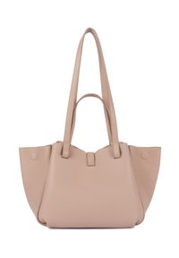 Sac à main en cuir beige avec deux longues bandoulières et texture grainée, forme structurée avec des panneaux latéraux souples.