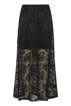 Sort blonde maxi nederdel med blomstermønster og gennemsigtig nederste halvdel. Elastisk talje og fast øverste sektion giver en kontrast i både tekstur og design.