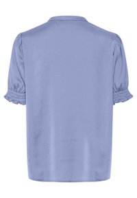 Blusa azzurra chiara con maniche corte a sbuffo e dettagli smock sui polsini, dotata di un colletto classico. Tessuto liscio, design casual.