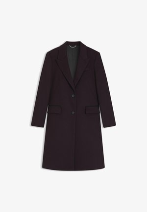 Cappotto in misto lana di un viola scuro con rever a dischi, due tasche frontali, chiusura a singolo bottone e foderato in modo liscio.