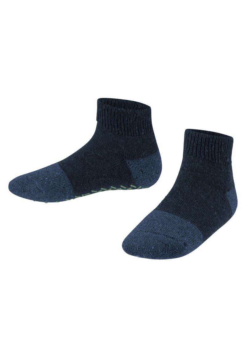 Dunkelblaue Knöchelsocken mit gerippten Bündchen, kontrastierenden Zehen- und Fersenbereichen, strukturiertem Material und rutschfesten Gummipunkten auf der Sohle.