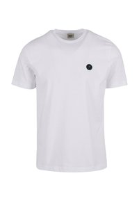 White cotton T-shirt featuring short sleeves, a round neckline, and a small black circular logo on the left chest area.