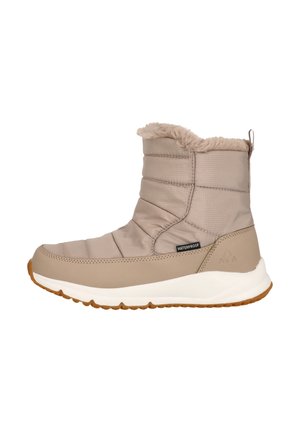 Vattentät ankelsko i beige, med ett quiltat textilskinn, krage i konstpäls, gummisula och texturerade detaljer.
