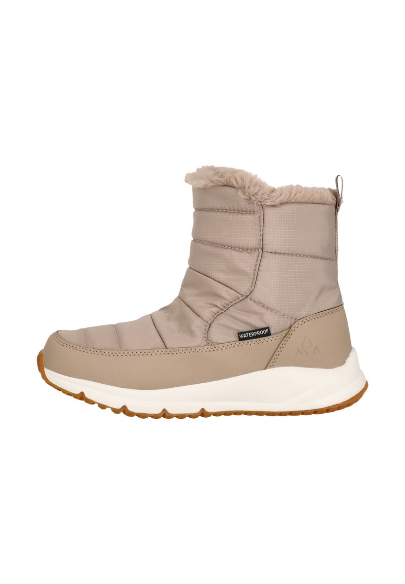Wasserfeste Ankelschuhe in Beige mit einem gesteppten Textil-Obermaterial, Kunstfellkragen, Gummisohle und strukturierten Akzenten.