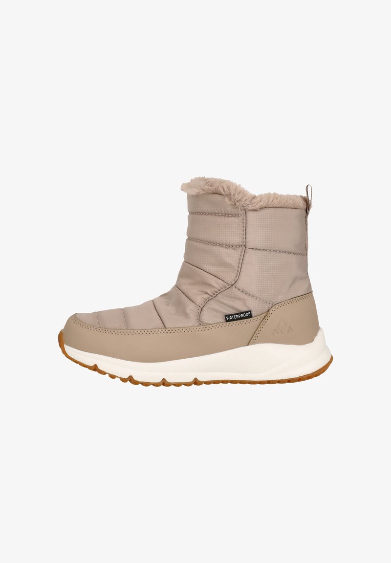 Wasserfeste Ankelschuhe in Beige mit einem gesteppten Textil-Obermaterial, Kunstfellkragen, Gummisohle und strukturierten Akzenten.