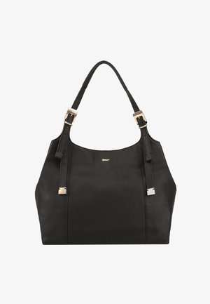 Sac fourre-tout en cuir noir avec deux sangles réglables, accents en métal argenté, texture lisse et un logo subtil sur le devant.