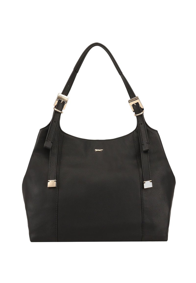 Sac fourre-tout en cuir noir avec deux sangles réglables, accents en métal argenté, texture lisse et un logo subtil sur le devant.