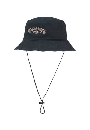 Cappello a secchiello nero con cinturino sotto il mento, con logo "Billabong" e ricamo a onda sul davanti.