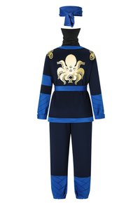 Navy blue two-piece outfit with an octopus design in gold on the back, featuring a matching blue belt and headscarf. Soft, smooth material.