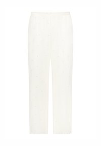 Λευκό παντελόνι πιτζάμας με μαλακή υφή, διακοσμημένο με μικρά ροζ σχέδια καρδιών. Ελαστική μέση με κορδόνι. Ίσια γραμμή στα πόδια.