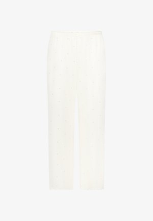 Witte pyjamabroek met een zachte textuur, voorzien van kleine roze hartpatronen. Elastische tailleband met trekkoord. Rechte pijpen.
