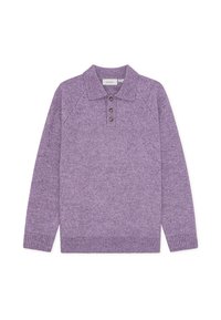 Pulover din tricot violet, cu mânecă lungă, cu tiv cu nervuri. Are un guler și o deschidere cu trei nasturi. Material texturat cu un model melanj.