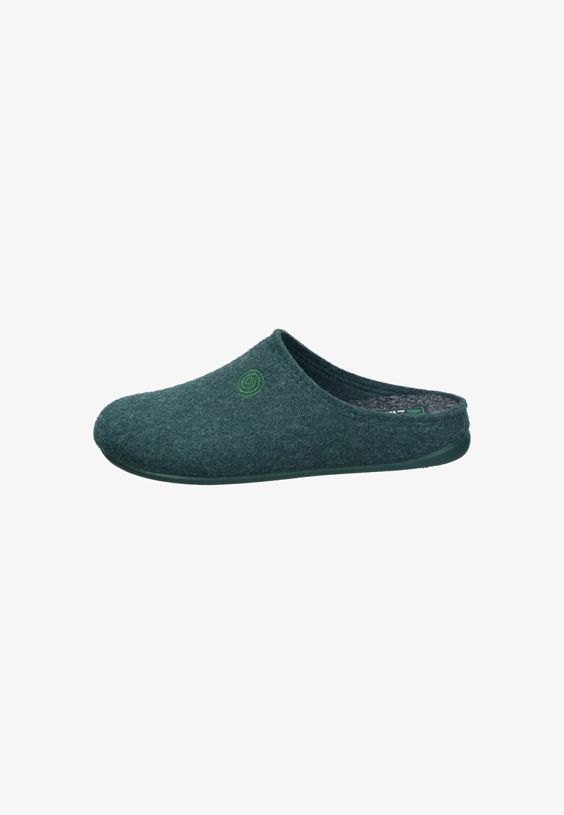Felt slippers in dark green with a simple design, rounded shape, and a subtle spiral pattern on the side. Soft texture, slip-on style.