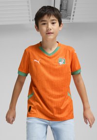 Oranžový fotbalový dres se strukturovaným vzorem, zelené akcenty na límci a po stranách, s logem týmu a bílým logem Puma.