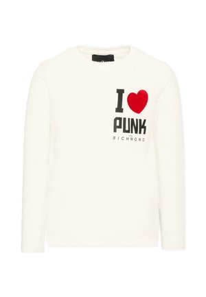 Biała koszula z długim rękawem z "I" i czerwonym symbolem serca nad słowem "PUNK" oraz mniejszym tekstem "RICHMOND" na piersi.