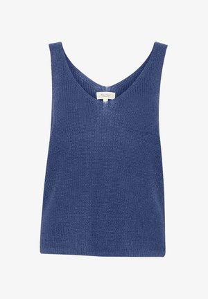 Blaues gestricktes Tanktop mit tiefem V-Ausschnitt, ärmellosem Design und strukturierter Oberfläche. Der Stoff wirkt weich und lässig.
