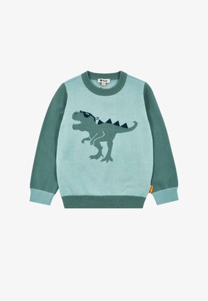Pull vert et bleu sarcelle pour enfants avec un dinosaure portant des lunettes de soleil tricoté sur le devant, manches longues et poignets et encolure côtelés.