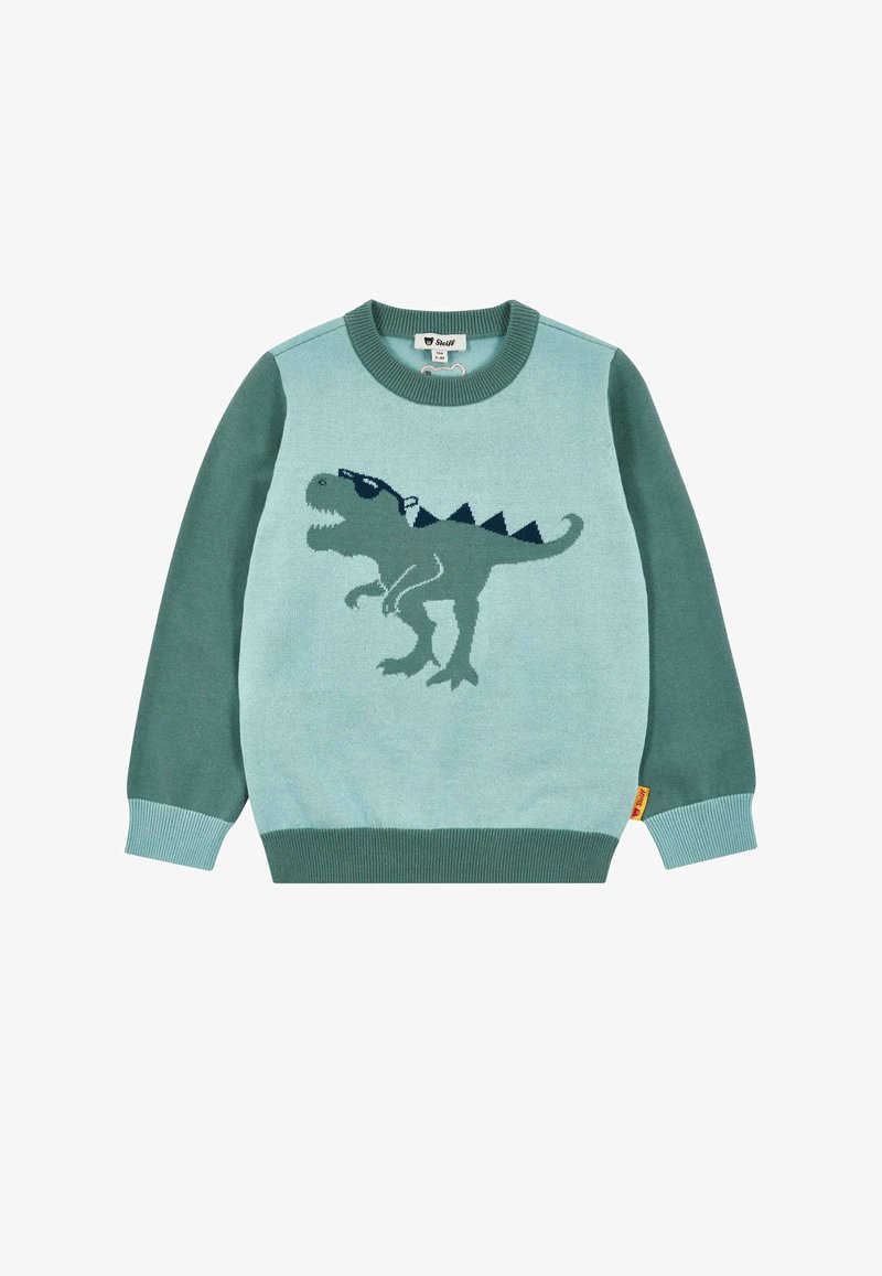 Pull vert et bleu sarcelle pour enfants avec un dinosaure portant des lunettes de soleil tricoté sur le devant, manches longues et poignets et encolure côtelés.