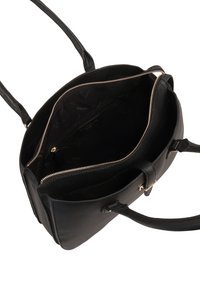 Zwarte leren handtas met twee handvatten, rits hoofdcompartiment, binnenvak; gladde textuur en details in gouden rits.