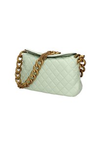 Borsa in mint green trapuntata con tracolla in oro. Presenta una finitura testurizzata e hardware decorativo sulla chiusura.