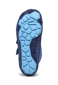 Suola di una scarpa realizzata in gomma blu testurizzata, con un motivo di battistrada spesso e robusto; presenta una parte superiore di colore blu navy. Taglia 28 etichettata.