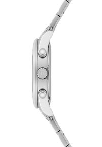 Montre-bracelet en métal argenté avec un boîtier rond, deux boutons sur le côté et un design de bracelet lisse. Détail de couronne texturée visible.
