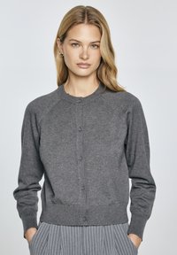 Siva pletena cardigan jakna s okruglim izrezom, prednjim gumbima, rebrastim manžetama i rubom, s dugim rukavima i oblikovanim siluetom.