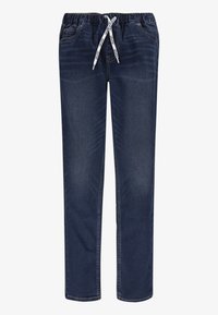 Mörkblå denimbyxor med elastisk midja, vit snörning, fem fickor och rak passform.